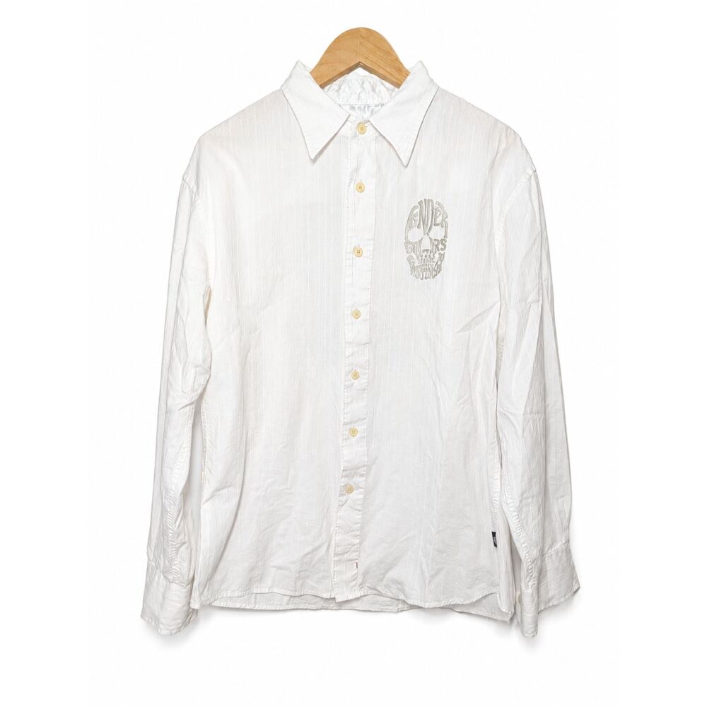 Fender Guitars White Skull Embroidered Button-Up Shirt Men's L Rock Long Sleeve
